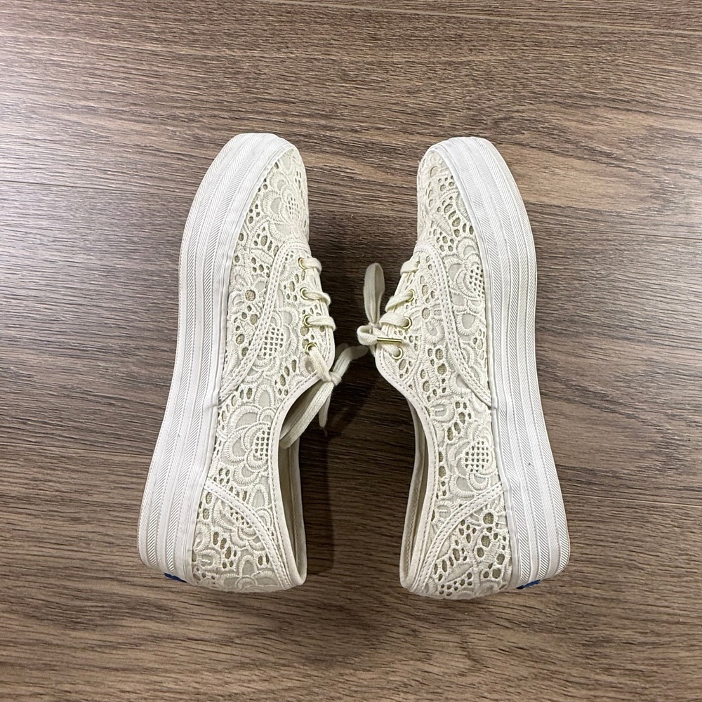 Keds Triple Lace Up Sneakers Cream Crochet Eyelet Floral Platform Low Top Shoes - Picture 9 of 16